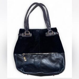 B. Makowsky black suede and leather shoulder handbag with snake print trim